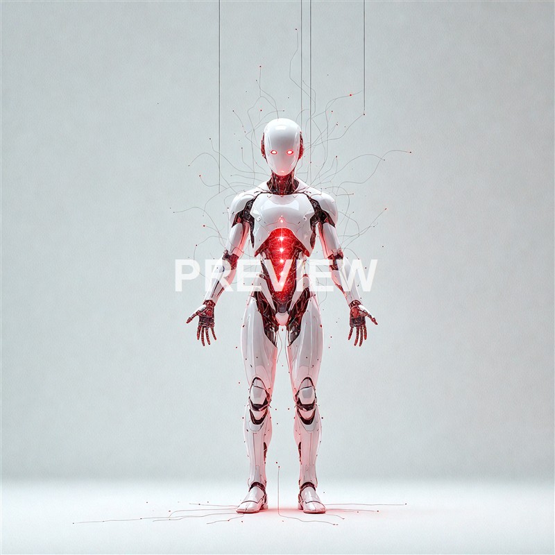 A humanoid robot with a sleek white and black exterior, glowing red eyes, and visible circuitry, standing against a plain background with wires protruding from its head and torso.